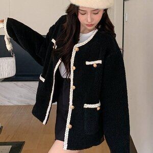 Black Preppy Womens Contrast Trim Drop Shoulder Teddy Jacket